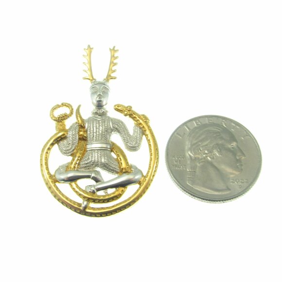 Solid 925 Sterling Silver & 18k Gold Vermeil Celtic God Cernunnos Slide Pendant - Picture 4 of 8